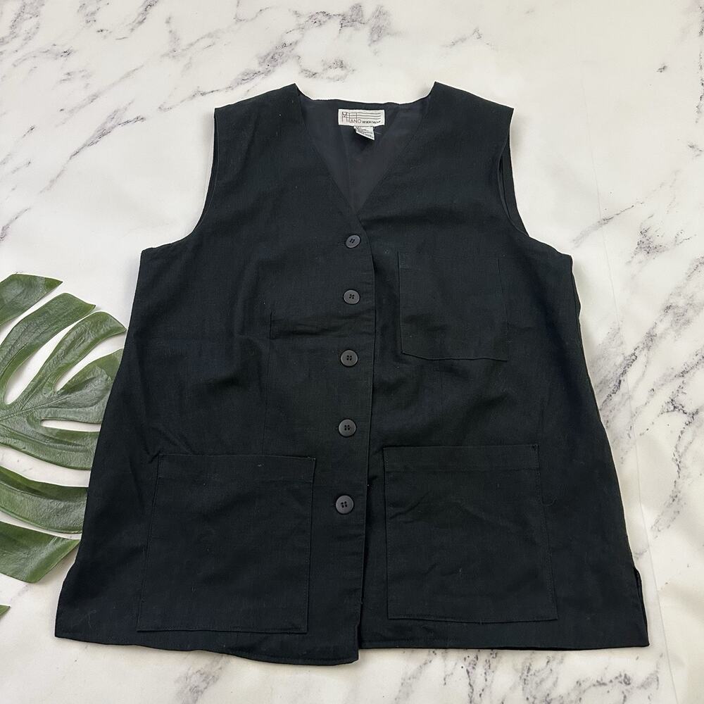 Milano Womens Vintage 90s Linen Blend Vest Size L Black Long Pockets Buttons